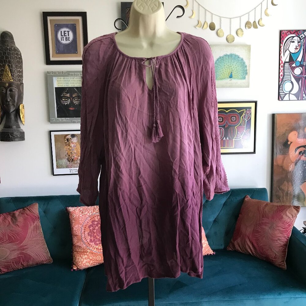 COMO VINTAGE size 2X Dusty Plum Ombre Lace Accent Tasseled Peasant Top NWT
